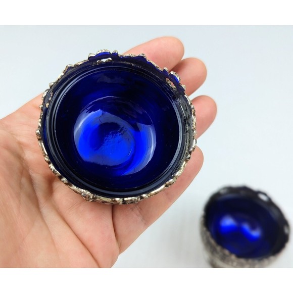 VTG 60's Raimond Silverplate Lot Of 2 Pcs Salt Cellars Cobalt Blue Glass Insert - Picture 6 of 8